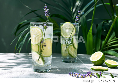 Cool lavender lemonade with lime slices and lavender flower on the table near dark green wall and palm leaves. Healthy organic summer soda drink. Detox water. Diet unalcolic coctail. 96787519