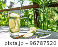 Cool lavender lemonade with lime slices and lavender flower on the table in tropical garden with palm. Healthy organic summer soda drink. Detox water. Diet unalcolic coctail. 96787520