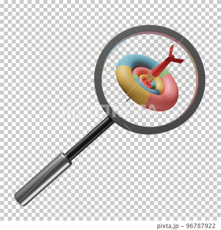 3d magnifying glass with target, red darts or arrow isolated. search target concept, 3d render illustration 3d magnifying glass with target, red darts or arrow isolated. search target concept, 3d render illustration 96787922