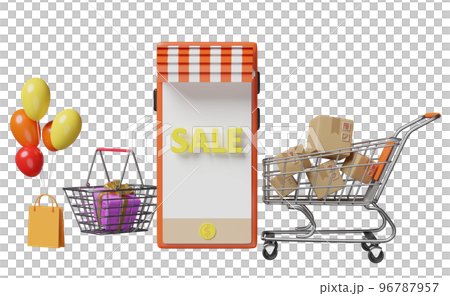 orange mobile phone or smartphone store front, balloon, cart, goods cardboard box, shopping paper bag isolated. online shopping summer sale, search data concept, 3d illustration, 3d render orange mobile phone or smartphone store front, balloon, cart, goods cardboard box, shopping paper bag isolated. online shopping summer sale, search data concept, 3d illustration, 3d render 96787957