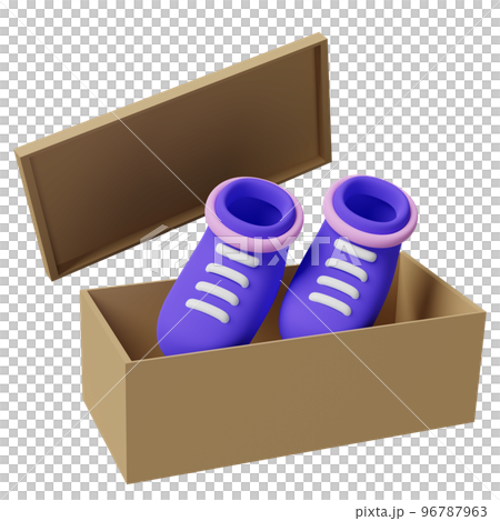 3d purple sneakers with brown goods cardboard box isolated. shoes shopping concept, 3d render illustration 3d purple sneakers with brown goods cardboard box isolated. shoes shopping concept, 3d render illustration 96787963