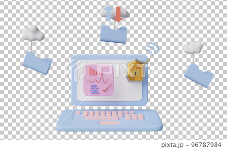 3d laptop computer with charts, graph, shield, cloud folder isolated. Internet security or privacy protection or ransomware protect concept, 3d render illustration 96787984