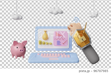 laptop computer with charts, graph, shield, businessman hand, cloud, money, piggy bank isolated. Internet security or privacy protection, ransomware protect concept, 3d illustration, 3d render 96787985