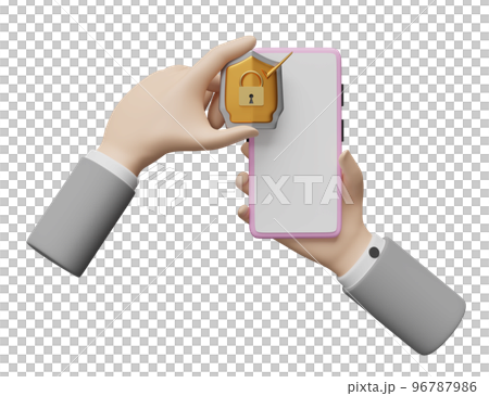businessman hand hold mobile phone or smartphone with golden shield check isolated. Internet security or privacy protection, ransomware protect concept, 3d illustration or 3d render 96787986