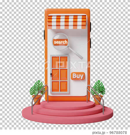 3d stage podium and mobile phone or smartphone with store front, magnifying glass, tree, buy label tag isolated. online shopping or search data concept, 3d render illustration 96788078