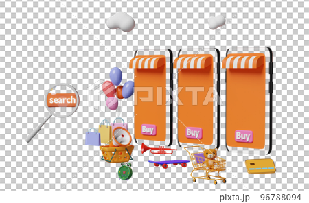 orange mobile phone, smartphone with store front, label tag, magnifying, cart, paper bags, skateboard, credit card isolated. online shopping, search data concept, 3d illustration, 3d render orange mobile phone, smartphone with store front, label tag, magnifying, cart, paper bags, skateboard, credit card isolated. online shopping, search data concept, 3d illustration, 3d render 96788094