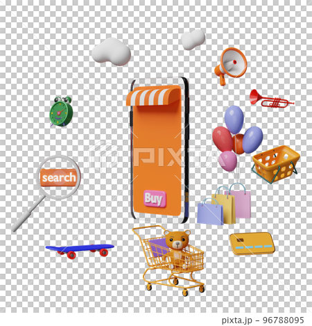 orange mobile phone, smartphone with store front, search label tag, magnifying, cart, paper bags, credit card isolated. online shopping, search data concept, 3d illustration, 3d render 96788095