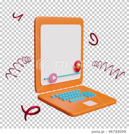 orange laptop computer with play bar, pin isolated. Online innovative education, e-learning concept, 3d illustration or 3d render orange laptop computer with play bar, pin isolated. Online innovative education, e-learning concept, 3d illustration or 3d render 96788099