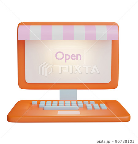 orange laptop computer monitor with store front, open label tag isolated. online shopping concept, 3d illustration or 3d render orange laptop computer monitor with store front, open label tag isolated. online shopping concept, 3d illustration or 3d render 96788103