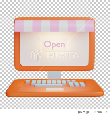 orange laptop computer monitor with store front, open label tag isolated. online shopping concept, 3d illustration or 3d render orange laptop computer monitor with store front, open label tag isolated. online shopping concept, 3d illustration or 3d render 96788103