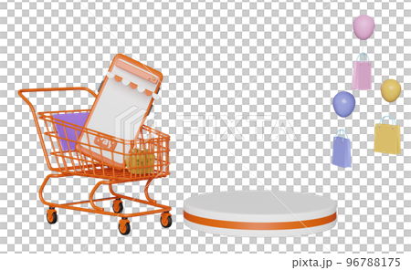 3d stage podium empty space and orange mobile phone, smartphone with store front, shopping cart, paper bag isolated. online shopping, search data concept, 3d render illustration 96788175