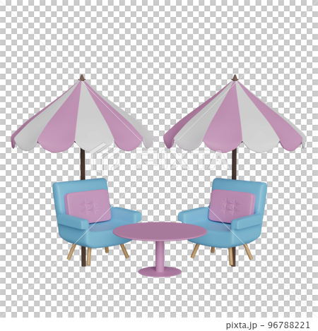 coffee table with pink umbrella or parasol, sofa chair isolated. 3d illustration or 3d render coffee table with pink umbrella or parasol, sofa chair isolated. 3d illustration or 3d render 96788221