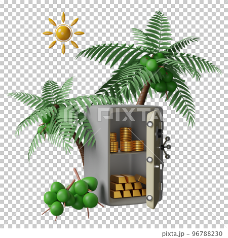 Abstract of safe box full of coins stack and gold bar with coconut tree or palm, business banking concept, 3d illustration or 3d rendering Abstract of safe box full of coins stack and gold bar with coconut tree or palm, business banking concept, 3d illustration or 3d rendering 96788230