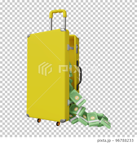 dollar banknote fall out from yellow suitcase isolated. leak money dollar concept, 3d illustration or 3d render dollar banknote fall out from yellow suitcase isolated. leak money dollar concept, 3d illustration or 3d render 96788233