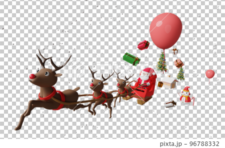 Santa Claus rides reindeer sleigh with house, gift box, snow, christmas tree isolated. website or poster or Happiness cards, banner and festive New Year, 3d illustration, 3d render Santa Claus rides reindeer sleigh with house, gift box, snow, christmas tree isolated. website or poster or Happiness cards, banner and festive New Year, 3d illustration, 3d render 96788332