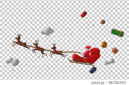 Santa Claus rides reindeer sleigh with house, gift box, snow, christmas tree isolated. website or poster or Happiness cards, banner and festive New Year, 3d illustration, 3d render 96788343