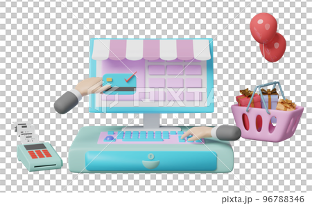 cash register machine with pos terminal, electronic bill payment, invoice or paper check receipt, businessman hand, shopping basket, gift box isolated. 3d illustration or 3d render cash register machine with pos terminal, electronic bill payment, invoice or paper check receipt, businessman hand, shopping basket, gift box isolated. 3d illustration or 3d render 96788346