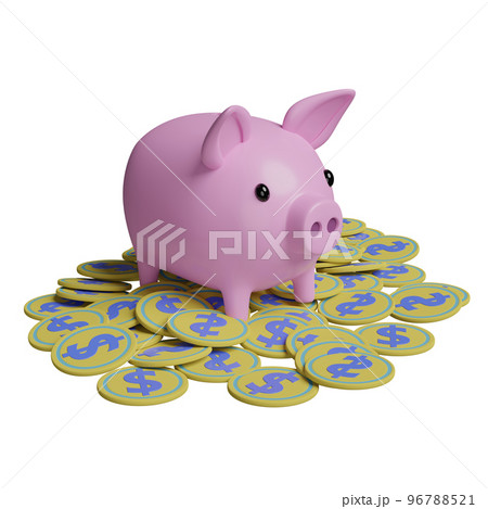 piggy bank with gold coins money pile isolated. 3d illustration or 3d render piggy bank with gold coins money pile isolated. 3d illustration or 3d render 96788521