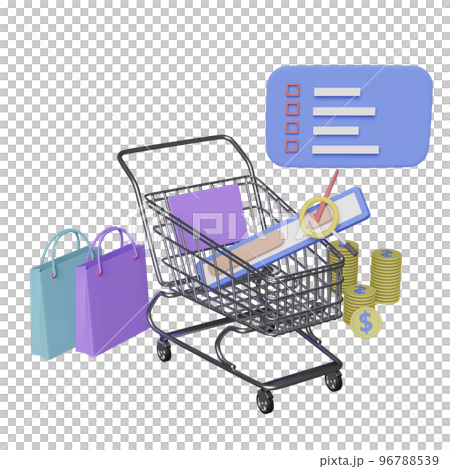 shopping cart and bar searching with shopping paper bags, graphic elements, magnifying glass, dollar coins isolated. 3d illustration or 3d render 96788539
