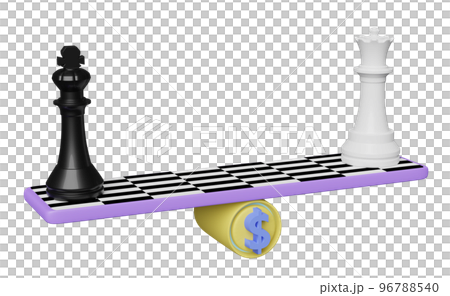 white and black chess with seesaw, coins isolated. balance of power or Business Strategy concept, 3d illustration or 3d render 96788540