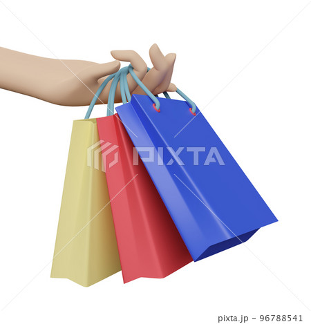 Character cartoon woman hand holding colorful shopping paper bags isolated. 3d illustration or 3d render 96788541