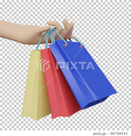 Character cartoon woman hand holding colorful shopping paper bags isolated. 3d illustration or 3d render 96788541