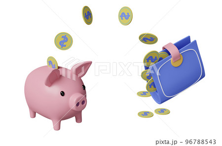 wallet and piggy bank with coins saving money concept isolated. 3d illustration or 3d render wallet and piggy bank with coins saving money concept isolated. 3d illustration or 3d render 96788543
