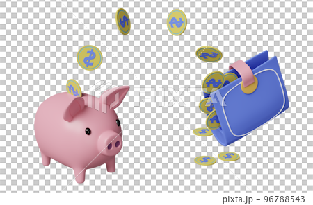 wallet and piggy bank with coins saving money concept isolated. 3d illustration or 3d render wallet and piggy bank with coins saving money concept isolated. 3d illustration or 3d render 96788543