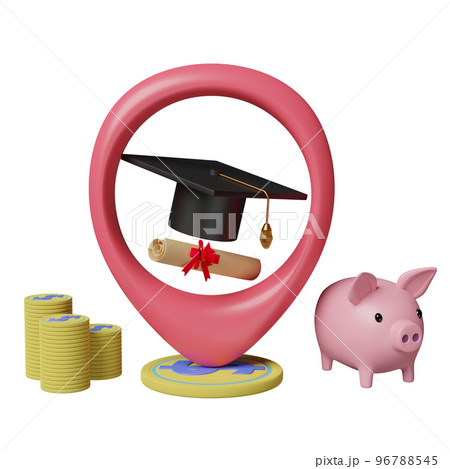 pin with hat graduation, money coins, diploma rolled, piggy bank saving isolated. investment education or scholarships concept, 3d illustration or 3d render pin with hat graduation, money coins, diploma rolled, piggy bank saving isolated. investment education or scholarships concept, 3d illustration or 3d render 96788545