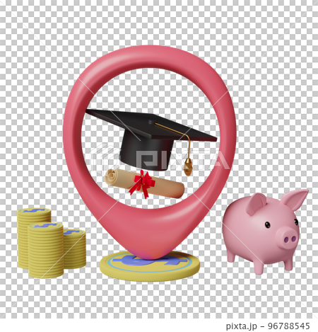 pin with hat graduation, money coins, diploma rolled, piggy bank saving isolated. investment education or scholarships concept, 3d illustration or 3d render pin with hat graduation, money coins, diploma rolled, piggy bank saving isolated. investment education or scholarships concept, 3d illustration or 3d render 96788545