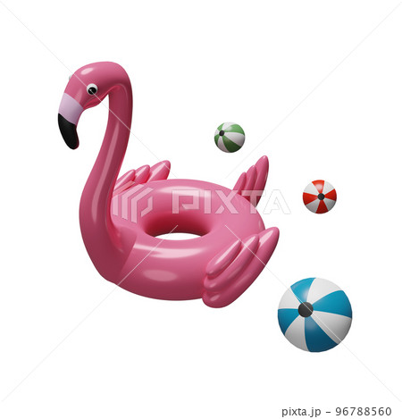 Inflatable flamingo with beach ball isolated. summer travel concept, 3d illustration, 3d render 96788560