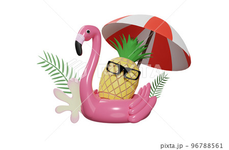 Inflatable flamingo with beach umbrella and pineapple, sunglasses isolated. summer travel concept, 3d illustration, 3d render 96788561