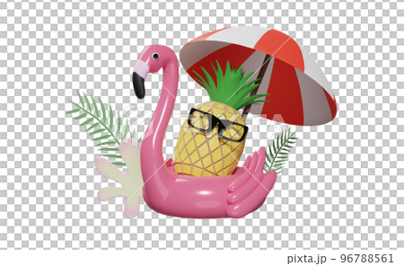 Inflatable flamingo with beach umbrella and pineapple, sunglasses isolated. summer travel concept, 3d illustration, 3d render 96788561