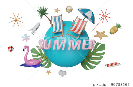 summer travel around the world concept with beach chair, ball, umbrella, plane, inflatable flamingo, coconut tree, starfish, pineapple, monstera leaf, 3d illustration or 3d render 96788562