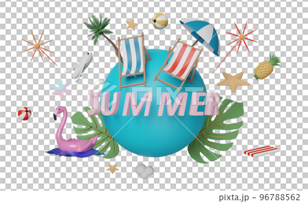 summer travel around the world concept with beach chair, ball, umbrella, plane, inflatable flamingo, coconut tree, starfish, pineapple, monstera leaf, 3d illustration or 3d render 96788562