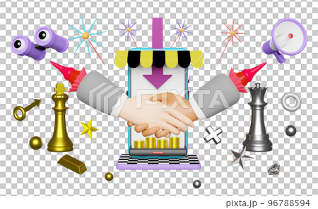 Cartoon Handshake with smartphone or mobile phone and chess and chessboard, successful agreement business fast, Business Strategy with digital marketing plan concept, 3d render illustration Cartoon Handshake with smartphone or mobile phone and chess and chessboard, successful agreement business fast, Business Strategy with digital marketing plan concept, 3d render illustration 96788594