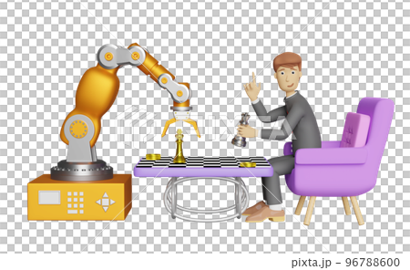 cartoon character businessman hand pointing and robot arm playing chess isolated. Business Strategy with digital marketing plan concept, 3d illustration or 3d render 96788600