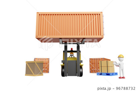 Stick man with shipping container for import export and forklift and goods and pallet, logistic service concept isolated. 3d illustration or 3d render 96788732