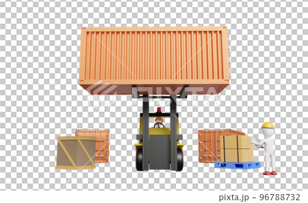Stick man with shipping container for import export and forklift and goods and pallet, logistic service concept isolated. 3d illustration or 3d render 96788732
