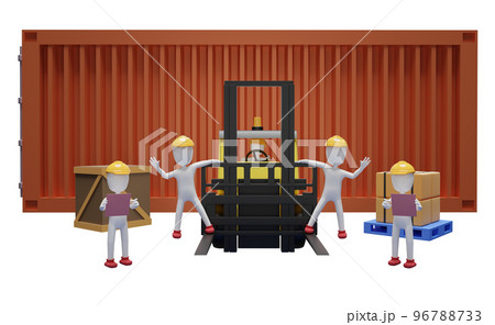 Stick man with shipping container for import export and forklift and goods and pallet, logistic service concept isolated. 3d illustration or 3d render 96788733