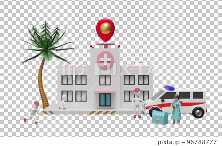 Hospital building and doctor with Stick man and medical equipment and pin isolated. Concept 3d illustration or 3d rendering Hospital building and doctor with Stick man and medical equipment and pin isolated. Concept 3d illustration or 3d rendering 96788777