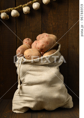 a bag full of potatoes and garlic bulbs, braided like a garland against a dark wood background a bag full of potatoes and garlic bulbs, braided like a garland against a dark wood background 96788959