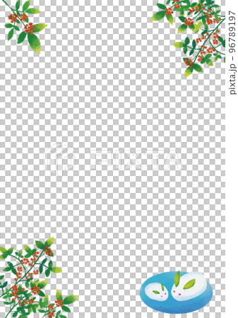 水彩風格雪兔和南天框架垂直 96789197