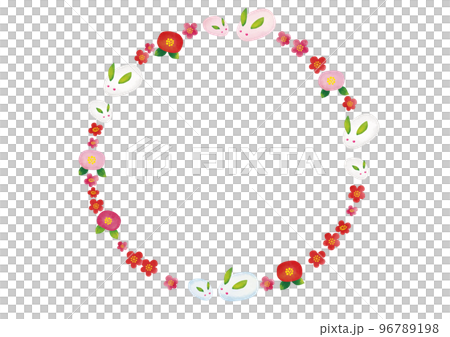 水彩風格雪兔、南方天空、梅花和山茶花圓框 96789198