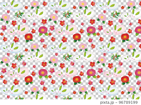 水彩風格雪兔、南天、梅花和山茶花圖案 96789199