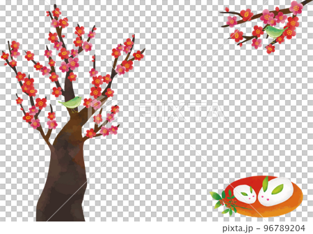 Watercolor-style snow rabbit, southern sky, plum blossoms and uguisu frame Watercolor-style snow rabbit, southern sky, plum blossoms and uguisu frame 96789204