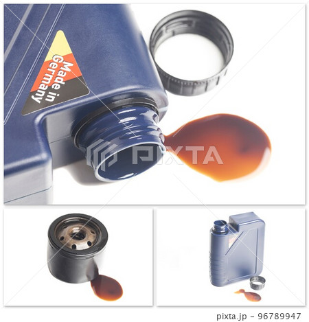 Collage with open engine oil bottle with a puddle of engine oil isolated on white background. Collage with open engine oil bottle with a puddle of engine oil isolated on white background. 96789947