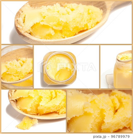 Collage with Ghee in jar and wooden spoon isolated on white background 96789979