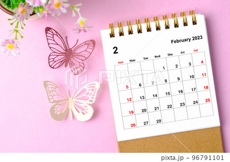 A February 2023 desk calendar for the organizer to plan and reminder and paer butterfly on pink colour background. 96791101