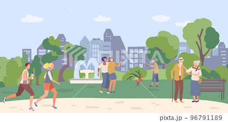 Modern young people citizen city spend time garden city, old people character stroll square flat vector illustration, urbanscape park. 96791189